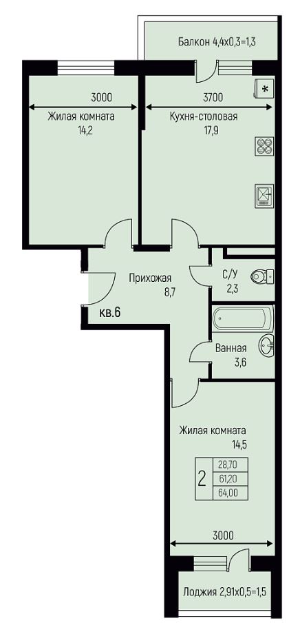 Двухкомнатная в Литер 9