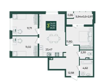 Трехкомнатная в Дом 9 очередь 3