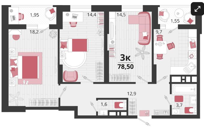 Трехкомнатная в Литер 12