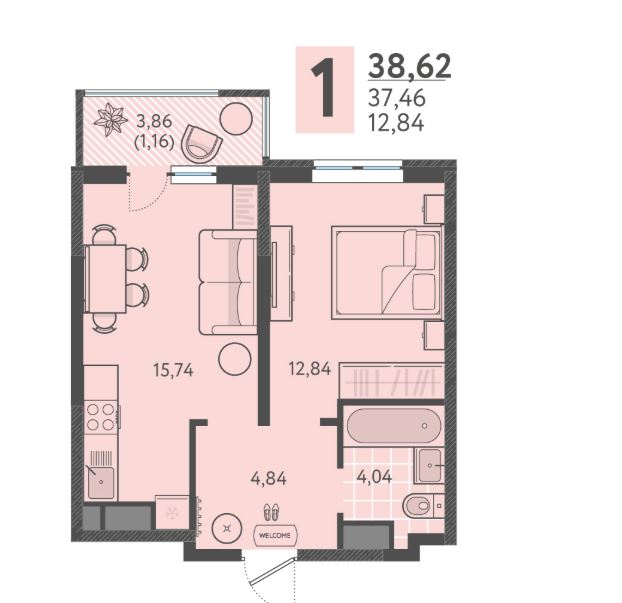 Однокомнатная в Литер 4 очередь 2