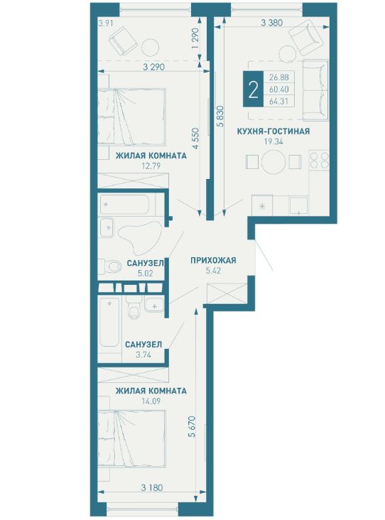 Двухкомнатная в Литер 1