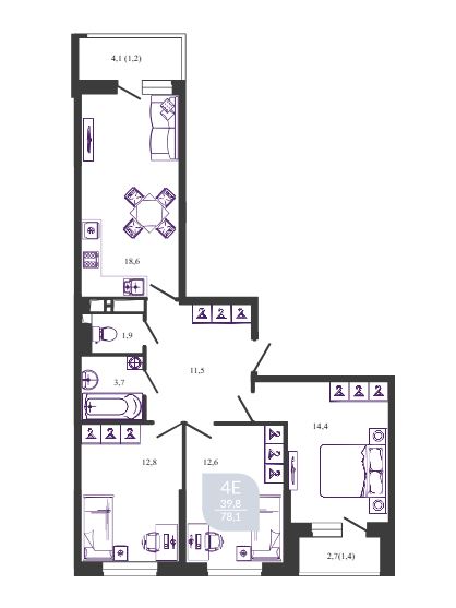 Трехкомнатная в Литер 2 Очередь 1