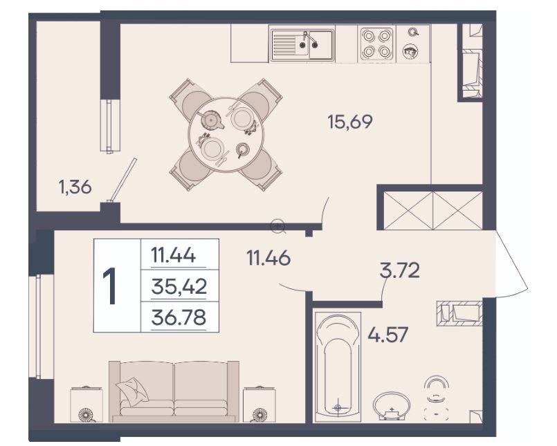 Однокомнатная в Литер 1.17