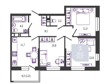 Трехкомнатная в Литер 1 Очередь 1