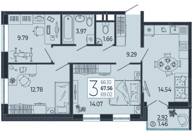 Трехкомнатная в Литер 1