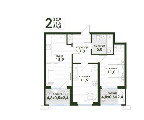 Двухкомнатная в Литер 6 очередь 1