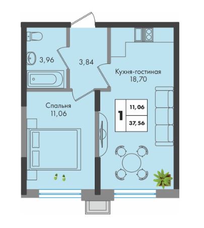 Однокомнатная в Литер 1.1