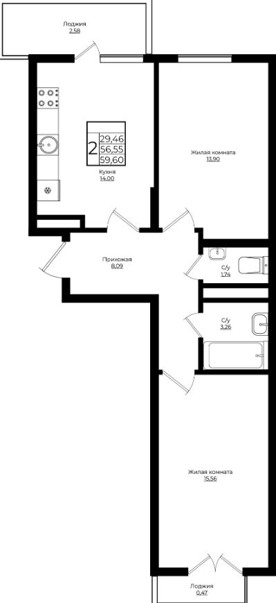 Двухкомнатная в Литер 1