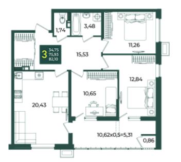Трехкомнатная в Дом 10 очередь 3