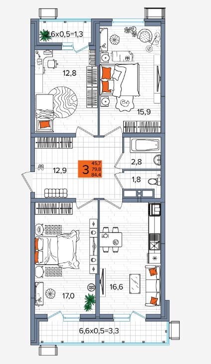 Трехкомнатная в Литер 1 очередь 2