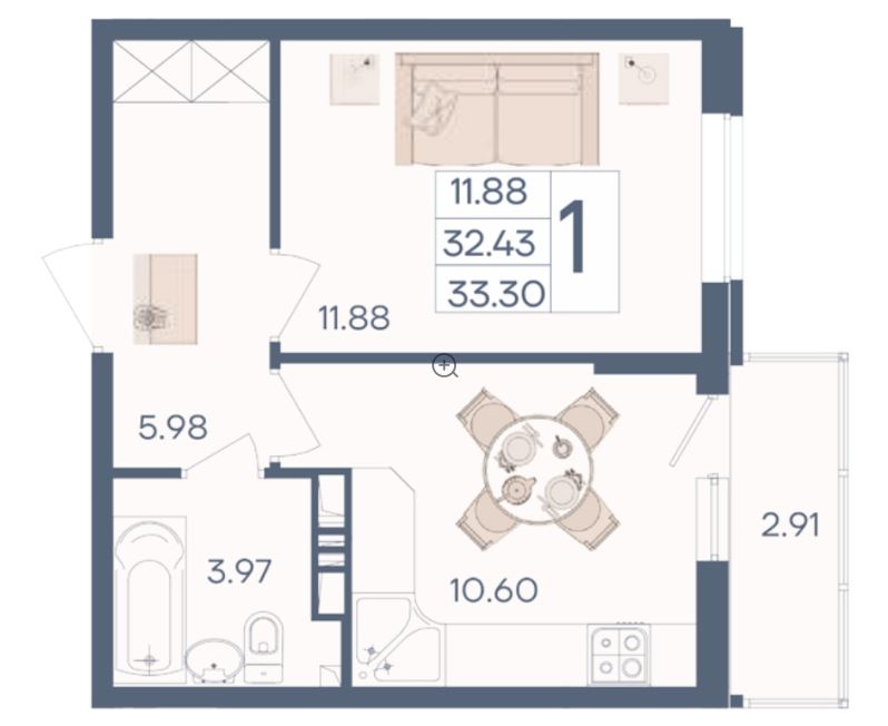 Однокомнатная в Литер 1.9