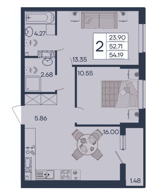 Двухкомнатная в Литер 1.17