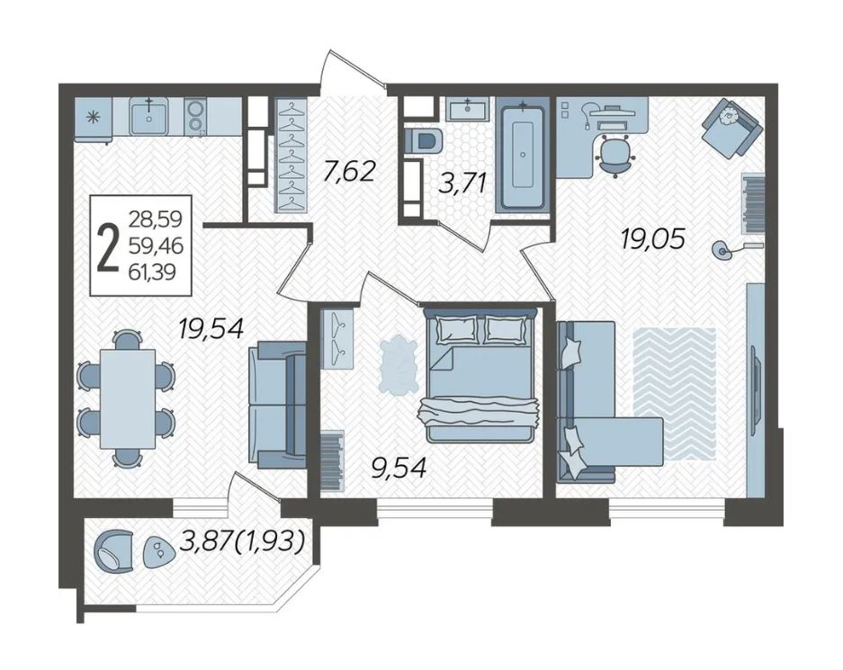 Двухкомнатная в Литер 1