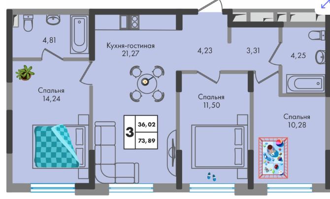 Трехкомнатная в Литер 1.2