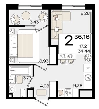 Двухкомнатная в Литер 1.2