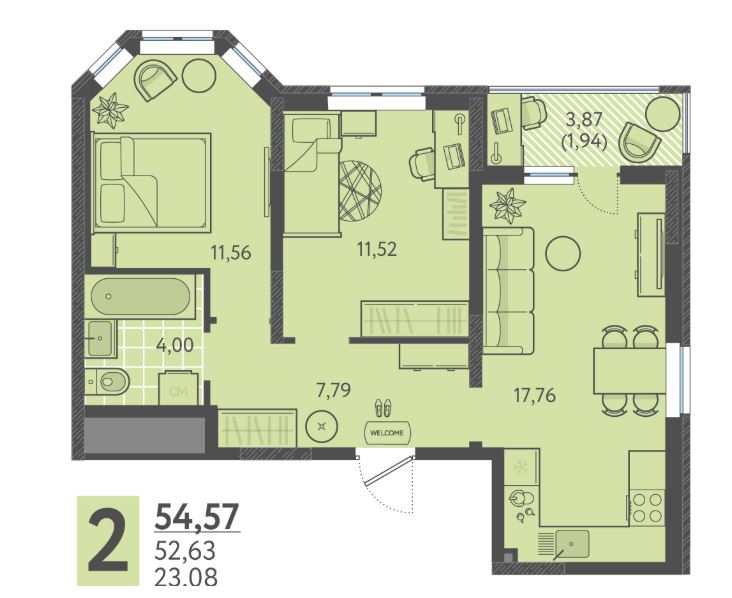 Двухкомнатная в Литер 4 очередь 2
