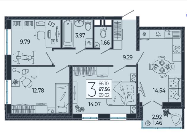 Трехкомнатная в Литер 1