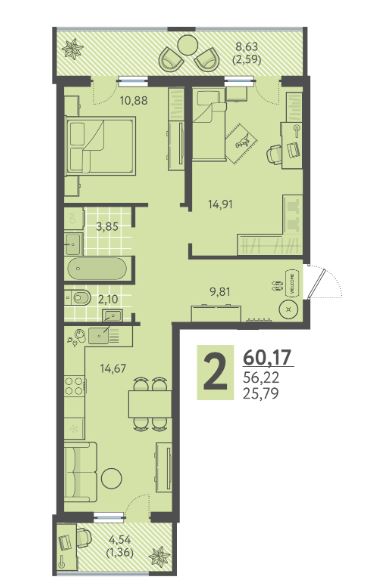 Двухкомнатная в Литер 6 очередь 2