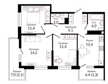 Трехкомнатная в Литер 1.2 очередь 2