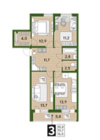 Трехкомнатная в Литер 22