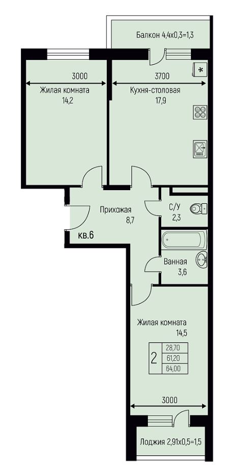 Двухкомнатная в Литер 11