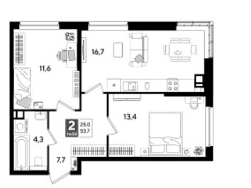 Двухкомнатная в Литер 22