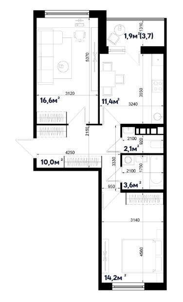 Двухкомнатная в Литер 2.7