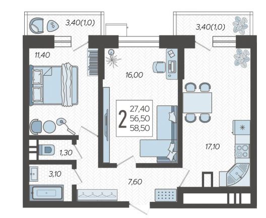 Двухкомнатная в Литер 2