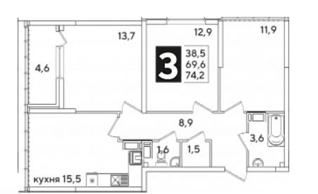 Трехкомнатная в Литер 55
