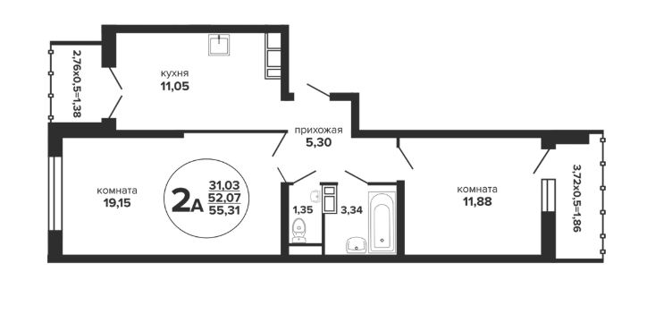 Двухкомнатная в Литер 1