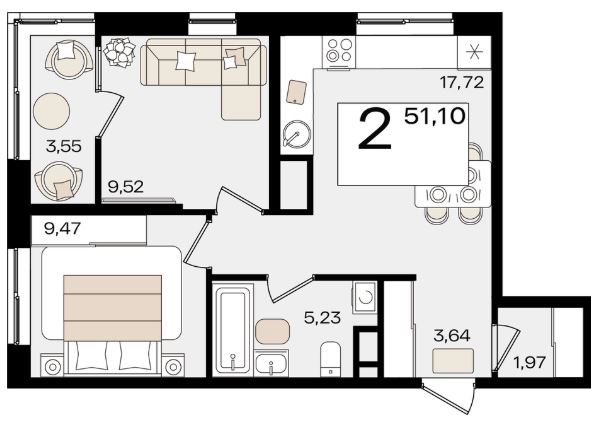 Двухкомнатная в Литер 1.4