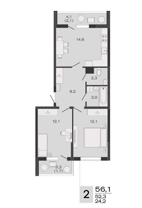 Двухкомнатная в Литер 1