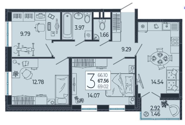 Трехкомнатная в Литер 1