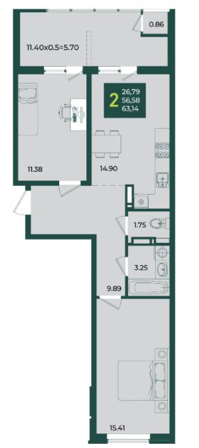 Двухкомнатная в Дом 6 очередь 3