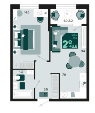 Двухкомнатная в Квартал 1.5 Литер 1