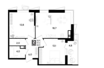 Двухкомнатная в Литер 13