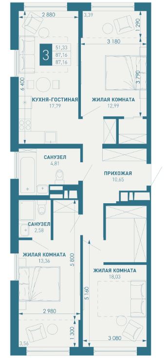 Трехкомнатная в Литер 1