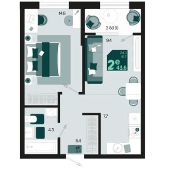 Двухкомнатная в Квартал 1.6 Литер 2