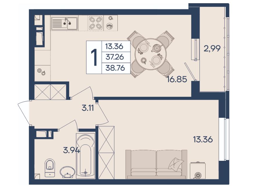 Однокомнатная в Литер 1.5