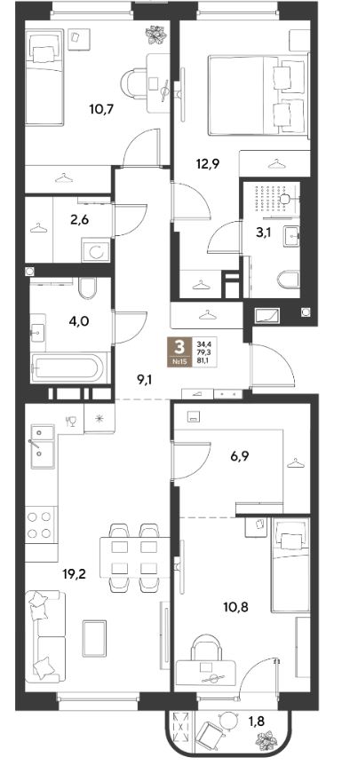 Трехкомнатная в Литер 14