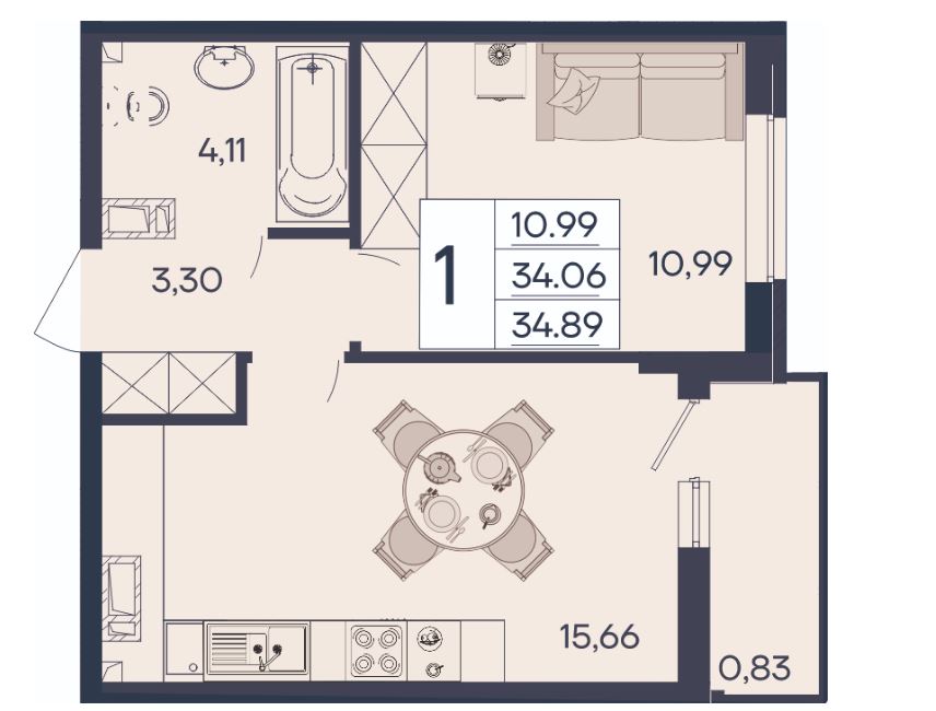 Однокомнатная в Литер 1.17