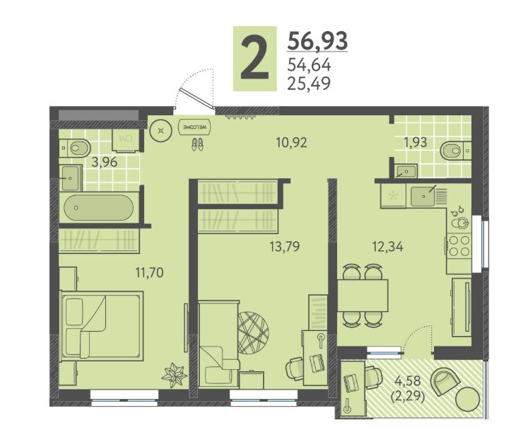 Двухкомнатная в Литер 4 очередь 2