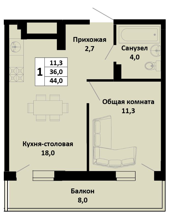 Однокомнатная в Литер 1