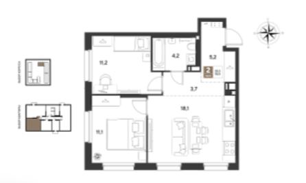 Двухкомнатная в Литер 15 очередь 1