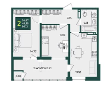 Двухкомнатная в Дом 11 очередь 3