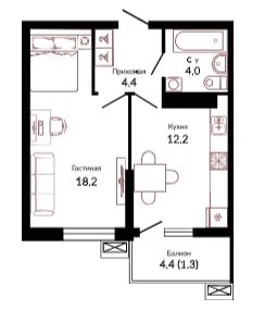 Однокомнатная в Литер 1.1 очередь 2