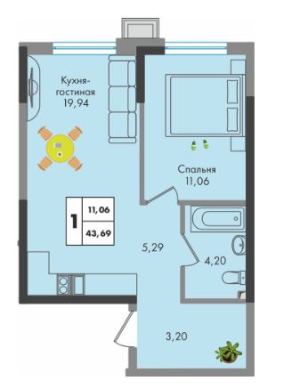 Однокомнатная в Литер 1.1