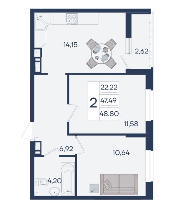 Двухкомнатная в Литер 1.6