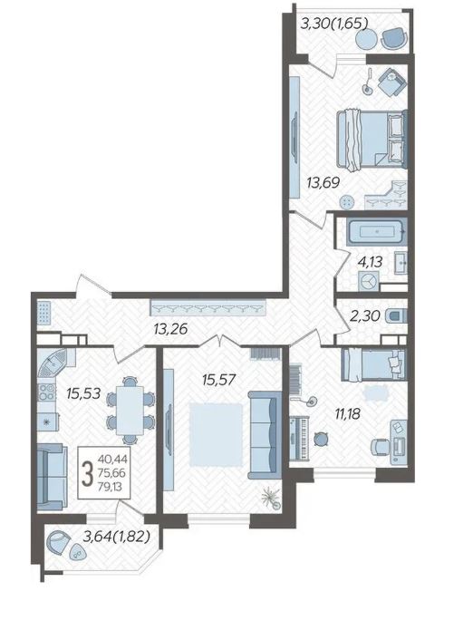 Трехкомнатная в Литер 1