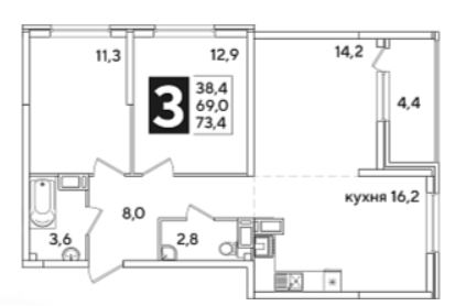 Трехкомнатная в Литер 36